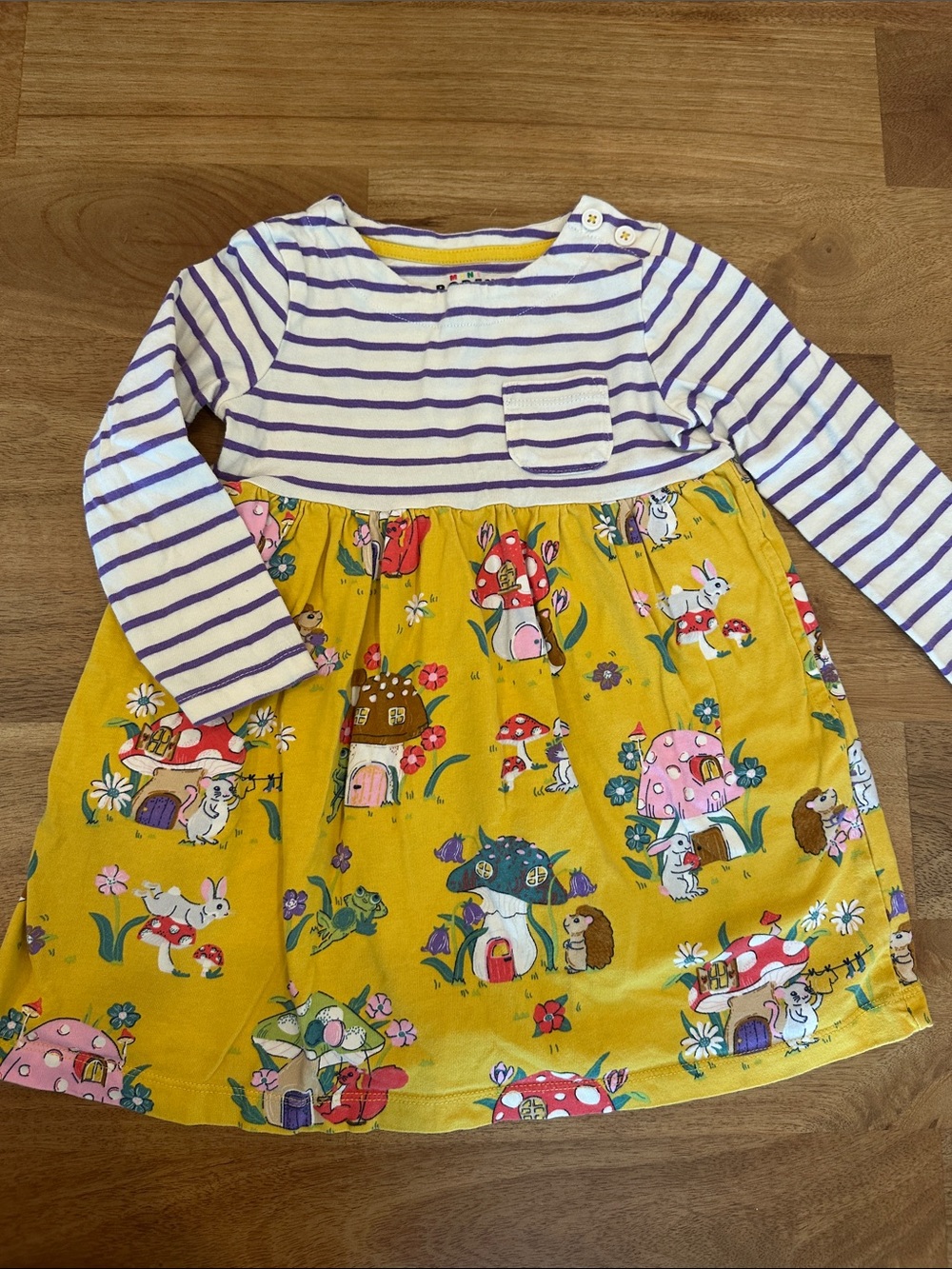 Mini Boden 2-3Y Purple-Striped Top with Yellow Mushroom Print Hotchpotch Dress